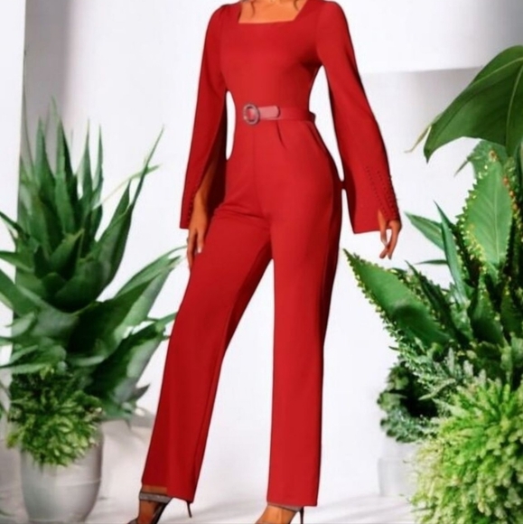 Cherry Girl knit pearl encrusted slit bell sleeves square neck jumpsuit NWT sz L - Picture 1 of 9